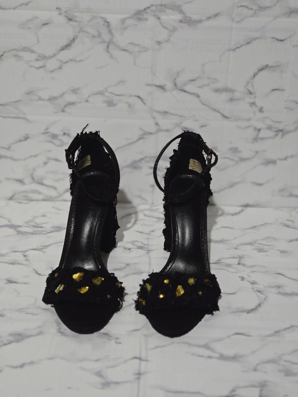 Black Ankle-Strap Heels with Gold Accent Embellishments